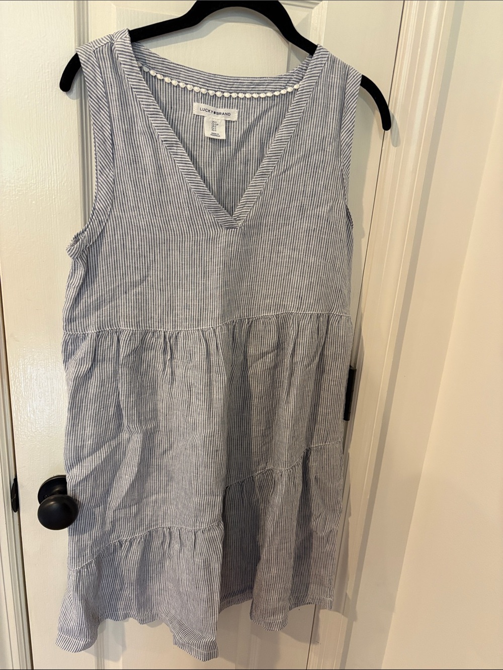 Lucky Brand Navy & White Striped Sleeveless V-Neck Tiered Dress